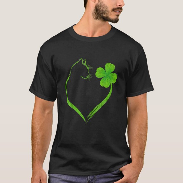 Camiseta Gato Corazón Shamrock St Patrick's Day Irish Clove (Anverso)