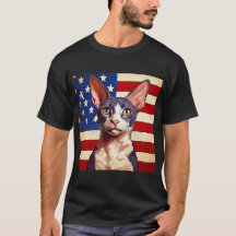 Gato Cornish Rex Delante De La Bandera Americana