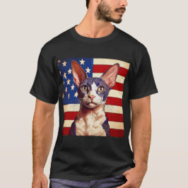 Camiseta Gato Cornish Rex Delante De La Bandera Americana