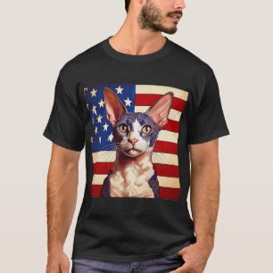 Camiseta Gato Cornish Rex Delante De La Bandera Americana
