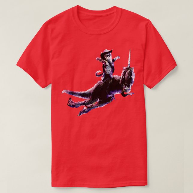 Camiseta Gato Cowboy montando dinosaurio unicornio (Diseño del anverso)
