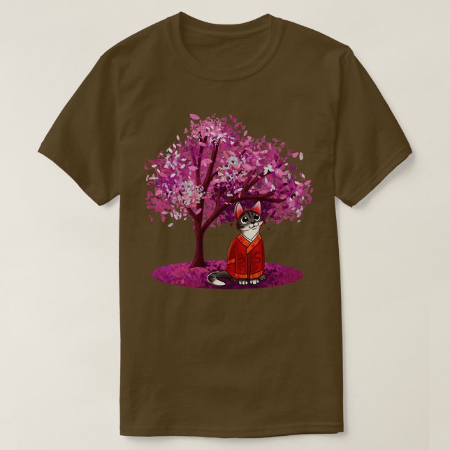 Camiseta Gato cutáneo bajo árbol de flores (Diseño del anverso)