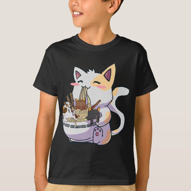 Camiseta Gato Cute Neko con fideos Ramen Bowl Anime Japón (Anverso)