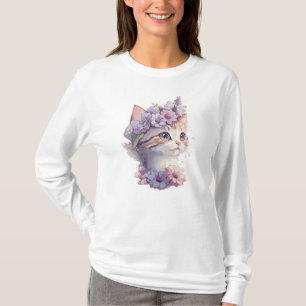 Camiseta Gato de acuarela violeta lindo con flora