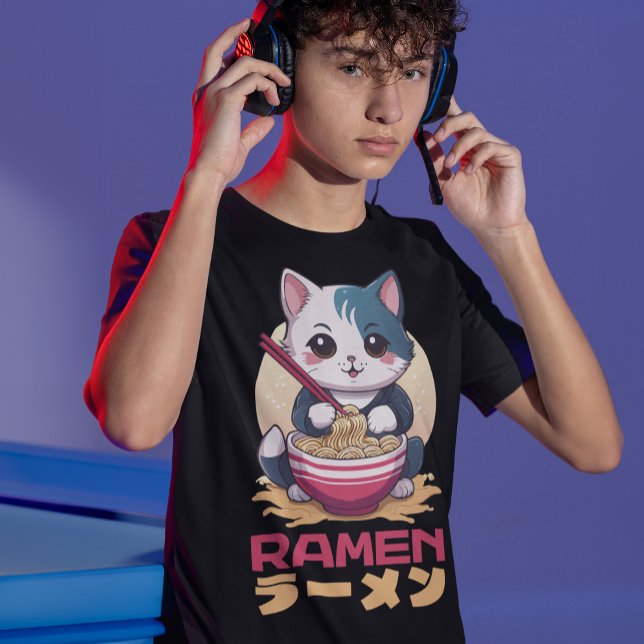 Camiseta Gato de anime japonés come fideos de Ramen (Subido por el creador)