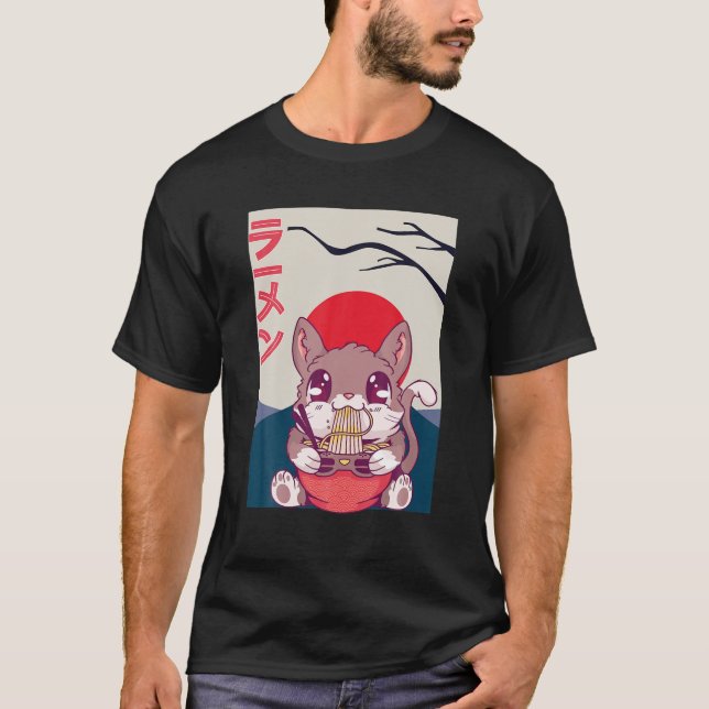 Camiseta Gato de ardilla japonés kawaii come Ramen mientras (Anverso)