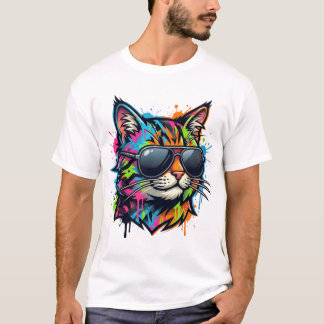 Camiseta Gato de Arte Callejero Neon Vibrante con Gafas de