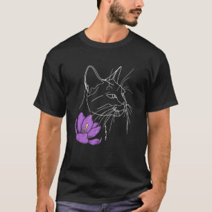 Camiseta Gato de arte de línea minimalista con flor colorid