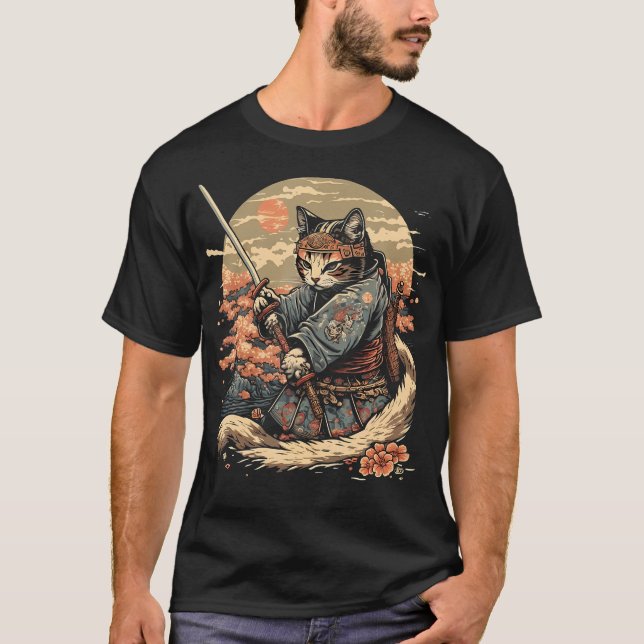Camiseta Gato de arte japonés Ninja Ukiyo-E Anime Style Sam (Anverso)
