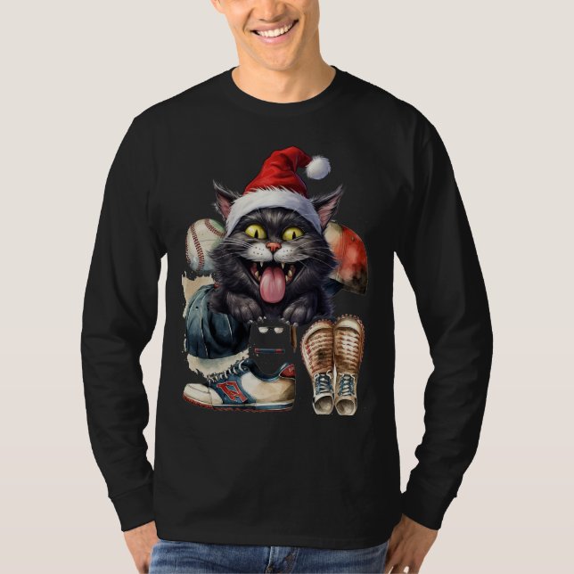 Camiseta Gato de béisbol usa sombrero Santa para Navidades (Anverso)
