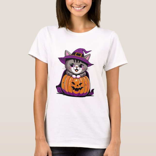 Camiseta Gato de bruja adorable de Halloween (Anverso)