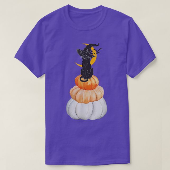 Camiseta Gato De Bruja En Calabaza Con Luna Detrás De Hallo (Diseño del anverso)