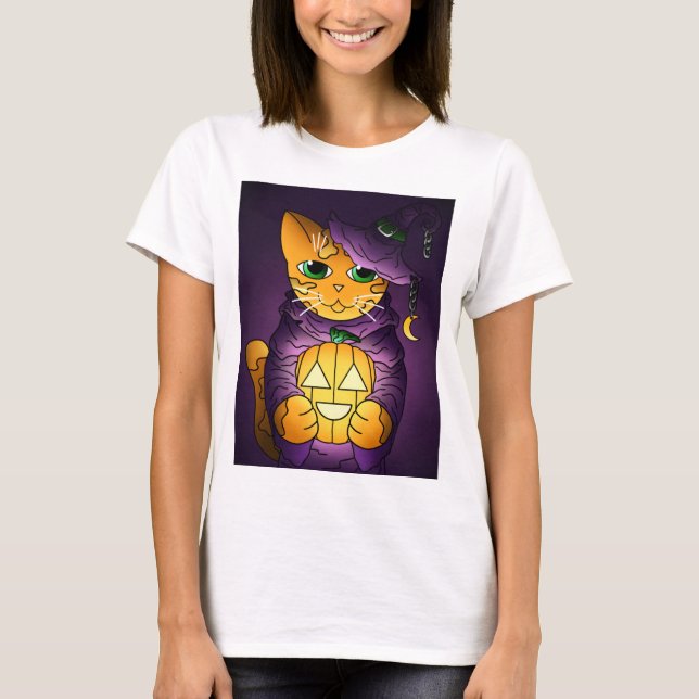 Camiseta Gato de bruja morado de Halloween (Anverso)