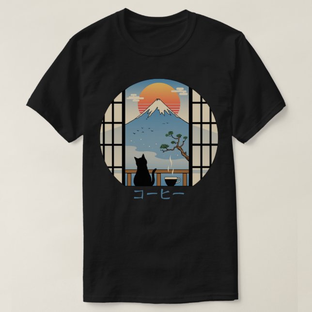 Camiseta Gato de café en el monte Fuji (Diseño del anverso)