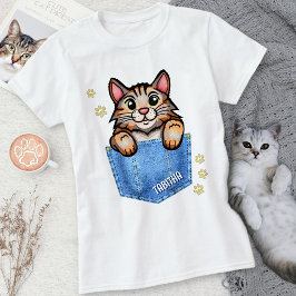 Camiseta Gato de Calico en falso cajón de denim con nombre