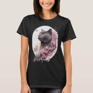 Camiseta Gato de Chartreux Gato de cerezo japonés en flor d