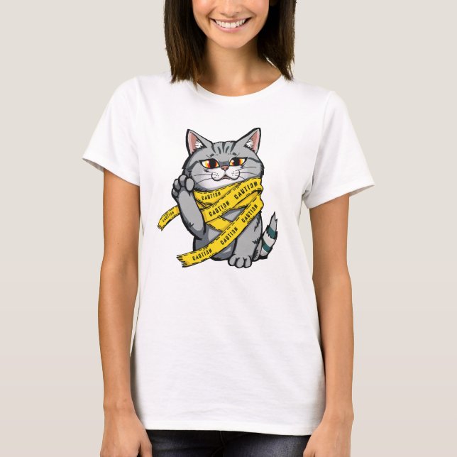 Camiseta Gato de Cinta de Precaución - Funny Gray Tabby (Anverso)