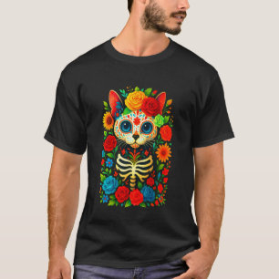 Camiseta Gato de Cráneo de Azúcar Dia de Muertos Halloween