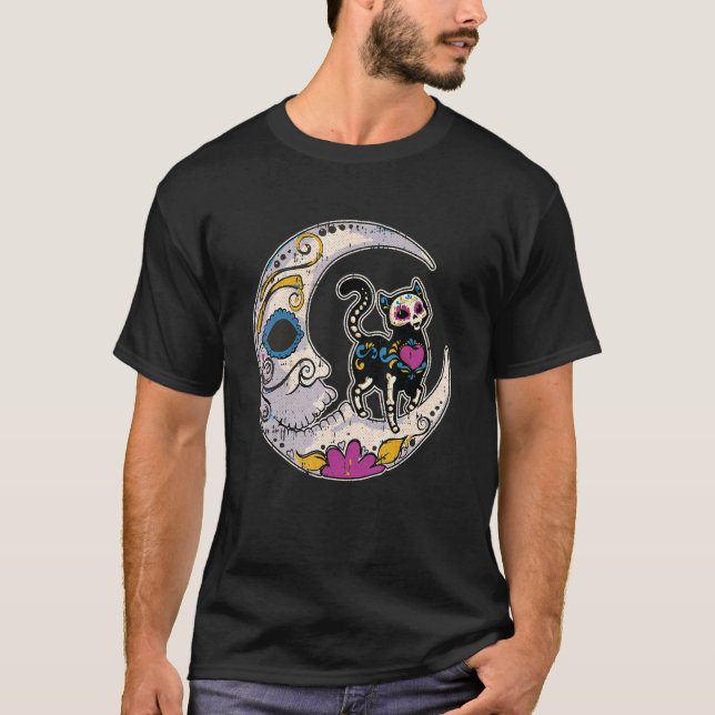 Camiseta Gato de cráneo de azúcar Luna de Día de Los Muerto (Anverso)