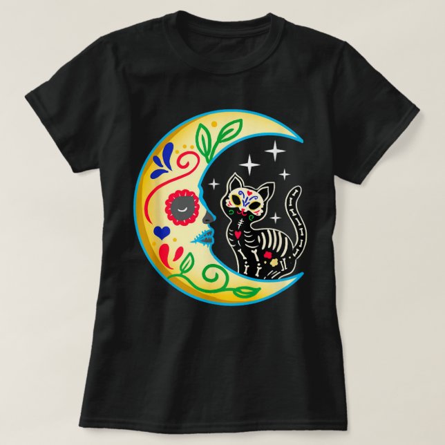 Camiseta Gato De Cráneo De Azúcar Luna Día De Halloween De  (Diseño del anverso)