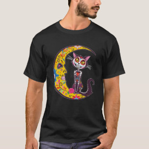 Camiseta Gato De Cráneo De Azúcar Y Luna De Los Muertos Méx