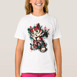 Camiseta Gato de Dibujos Animados con Grafitis Lindos