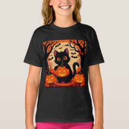 Camiseta Gato de dibujos animados y calabazas bajo luna lle