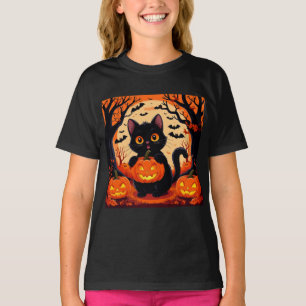 Camiseta Gato de dibujos animados y calabazas bajo luna lle
