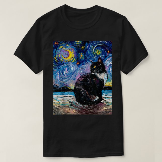 Camiseta Gato de esmoquin en la playa noche estrellada arte (Diseño del anverso)