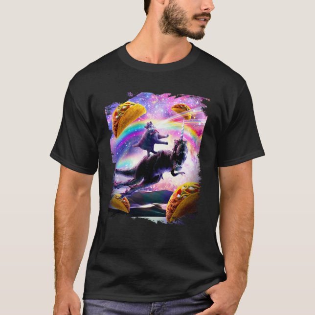 Camiseta Gato De Espacio Láser En Dinosaurio Arcoiris Taco  (Anverso)