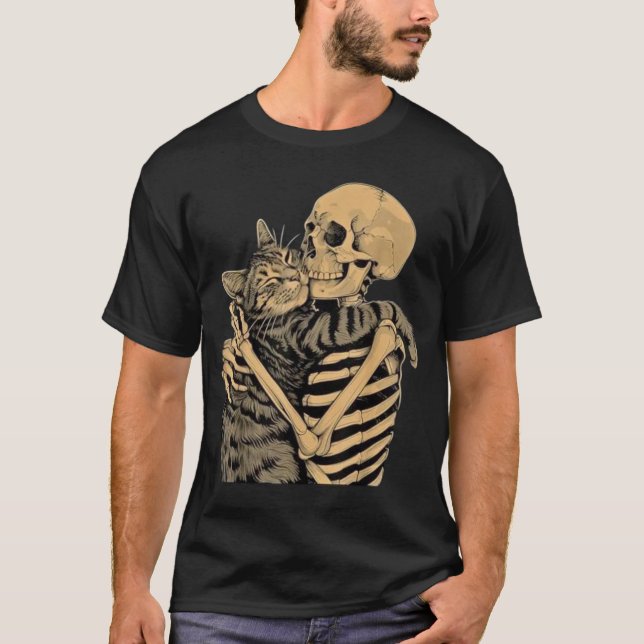 Camiseta Gato de esqueleto abrazando - Gato gótico lindo re (Anverso)