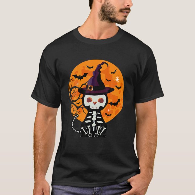 Camiseta Gato de esqueleto de Halloween (Anverso)