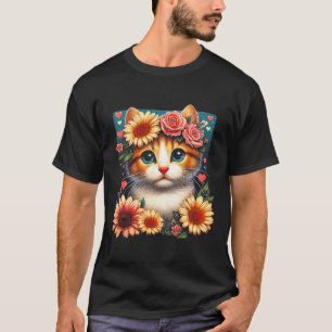 Camiseta Gato De Flor Retro Amor Arte Gatito Con Anim De Fl