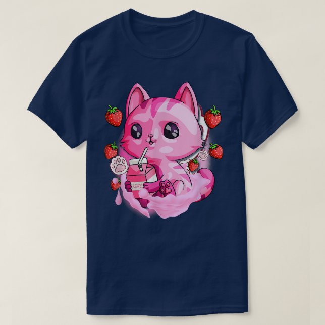 Camiseta Gato de fresa de leche lindo Kawaii Kitten Anime R (Diseño del anverso)