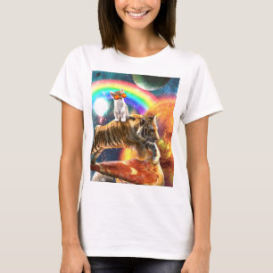 Camiseta Gato de galaxia espacial montando tigre en pizza