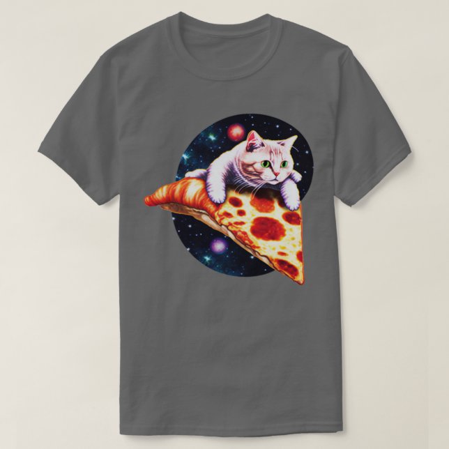 Camiseta Gato de galaxia montando una rebanada de pizza (Diseño del anverso)
