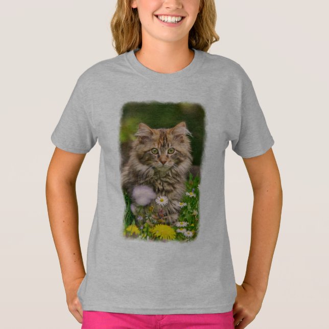 Camiseta Gato de gatito de Maine lindo en prado de flores - (Anverso)