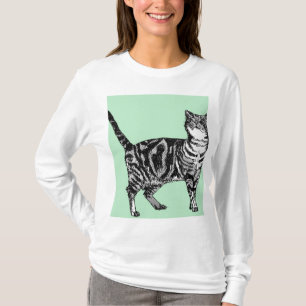 Camiseta Gato de gato verde y menta Tabby arte de manga lar