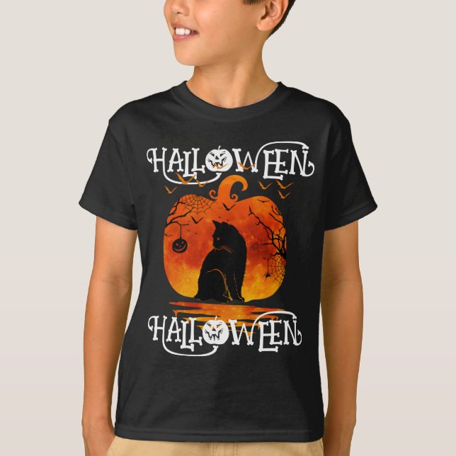 CAMISETA GATO DE HALLOWEEN CALABAZA NEGRA (Anverso)
