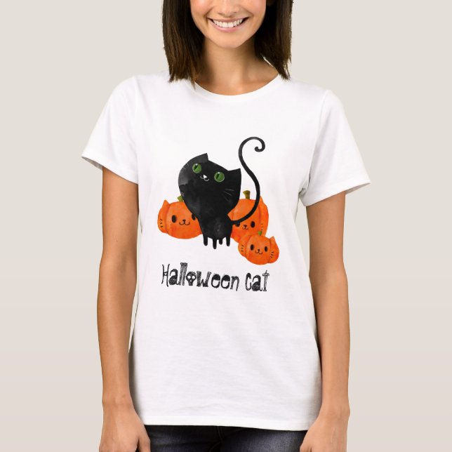 Camiseta Gato de Halloween con calabazas (Anverso)