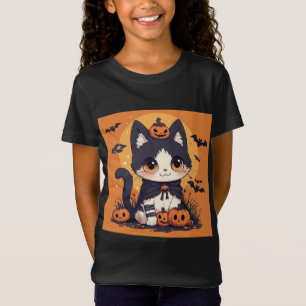 Camiseta Gato de Halloween Kawaii Adorable con Calabazas y