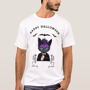 Camiseta Gato de Halloween Morado con Murciélagos y Esquele