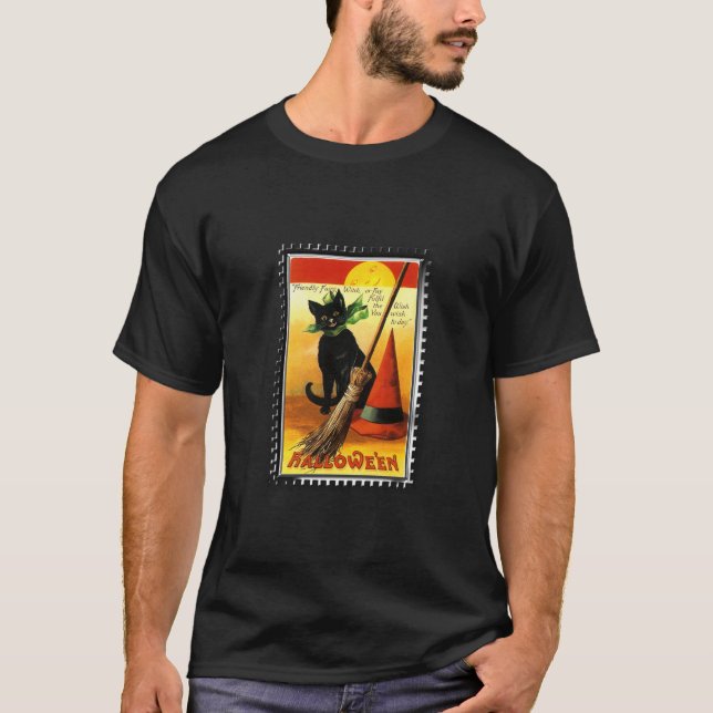Camiseta Gato de Halloween sentado con sombrero de brujas (Anverso)