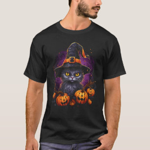 Camiseta Gato de Halloween Sombrero de Bruja Calabaza Jack