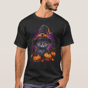 Camiseta Gato de Halloween Sombrero de Bruja Calabaza Jack 