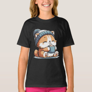 Camiseta Gato de invierno lindo con animal beanie acogedor