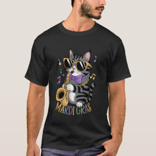 Camiseta Gato de Jazz Adorable con Gafas de Sol y Saxofón,