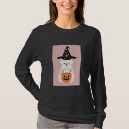 Camiseta Gato de Kawaii Halloween con Gorra de brujas y cal