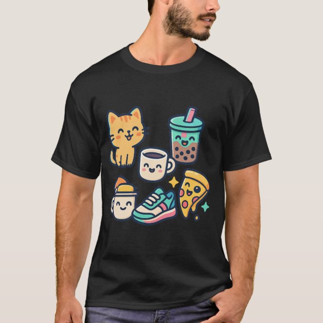 Camiseta Gato de Kawaii, pizza, té de burbujas y café - Div (Anverso)