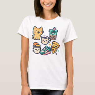 Camiseta Gato de Kawaii, pizza, té de burbujas y café - Div